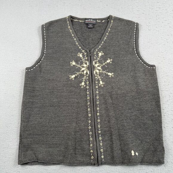 Woolrich Full Zip charcoal Gray Heathered Embroidered Snowflake Vest Womens L - Picture 2 of 16